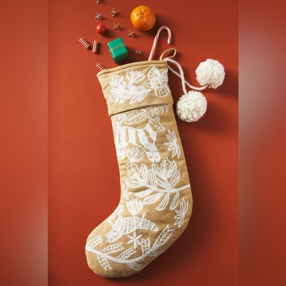 Anthropologie Forage Embroidered Pom Pom Stocking Woodland Boho Christmas fox